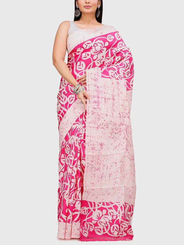 Hand Batik Pure Silk Saree with Blouse Piece Cream And Pink Collared Satin Blouse