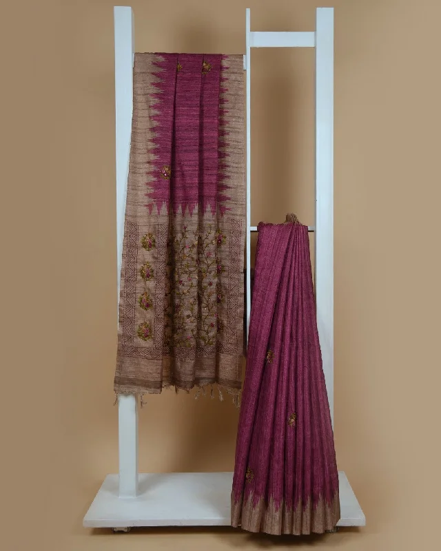 Purple Silk Cotton Blend Embroidered Saree With Silk Cotton Blouse Playful Puff Blouse Purple Silk Cotton Blend Embroidered Saree With Silk Cotton Blouse Playful Puff Blouse