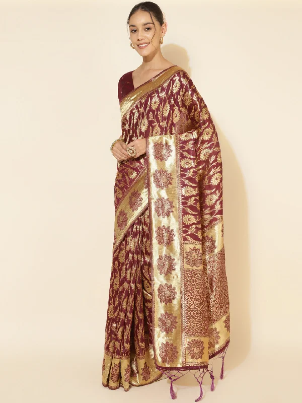 [Ready SG Stock] Deep Wine Chanderi Silk Paisley Saree with attached Blouse Material - Indian saree Romantic Lace Blouse
