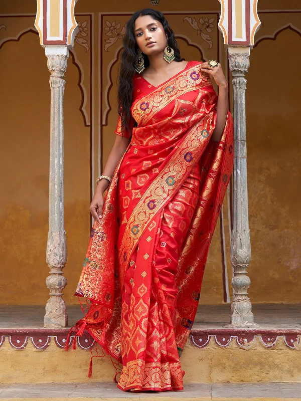 [Ready SG Stock] Red Banarasi Silk Ethnic Motifs Saree with attached Blouse Material - Indian saree Lightweight Floral Blouse