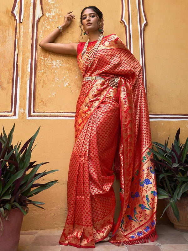 [Ready SG Stock] Red Paithani Silk Woven Ethnic Motifs Saree with attached Blouse Material - Indian saree Sheer Mesh Blouse
