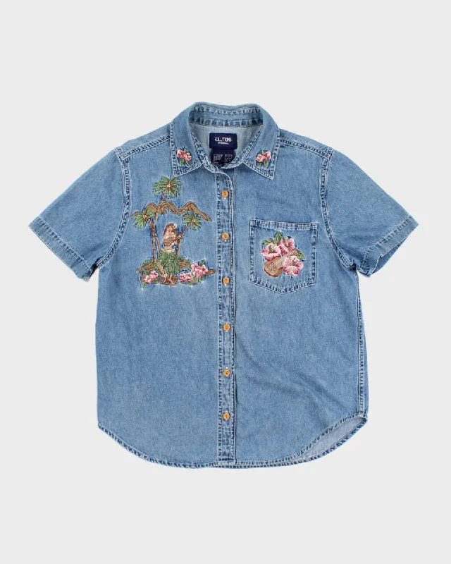 Vintage Solutions Hawaiian Embroidered Denim Blouse - S Feminine Tie Blouse