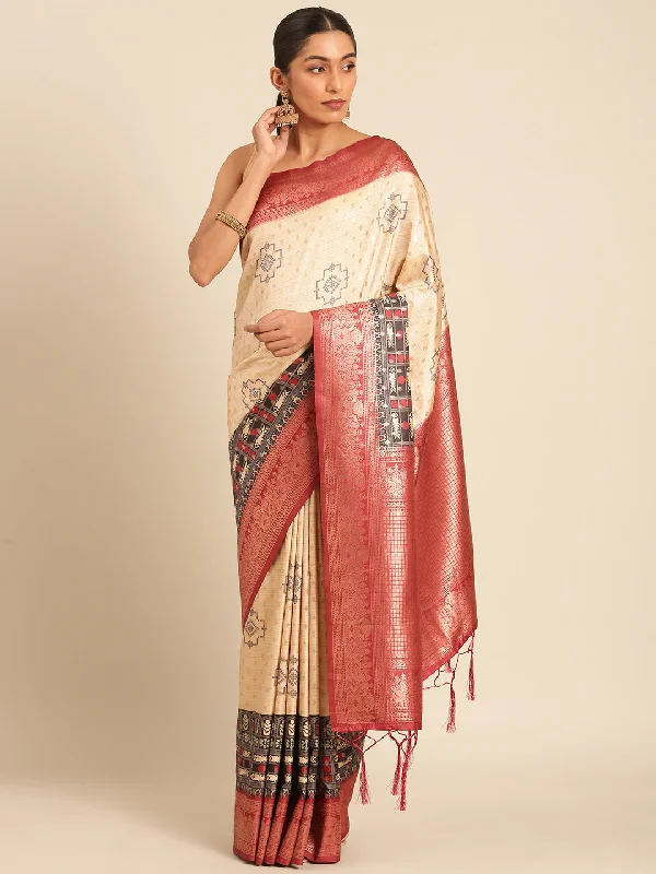 Women Cream Silk Saree With Un Stitched Blouse Chic Square Blouse