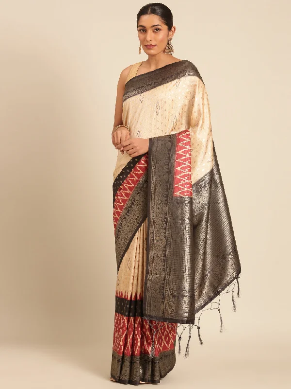 Women Cream Silk Saree With Un Stitched Blouse Wrap Front Blouse