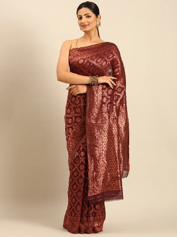 Women Wine Cotton Saree With Un Stitched Blouse Playful Puff Blouse