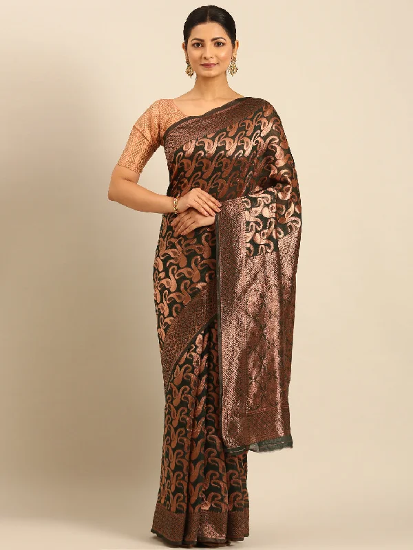Women Bottle Green Cotton Saree With Un Stitched Blouse Versatile Layering Blouse