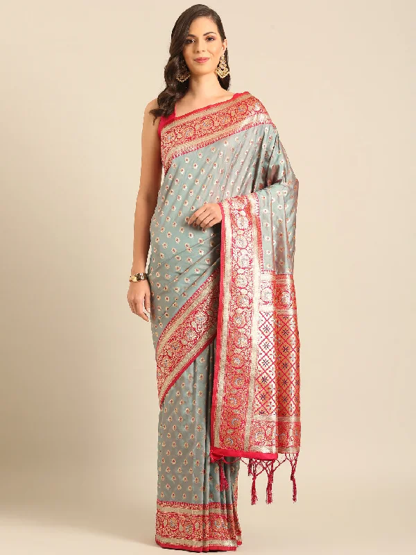 Women Sea Green Banarasi Silk Saree With Un Stitched Blouse Asymmetric Hem Blouse