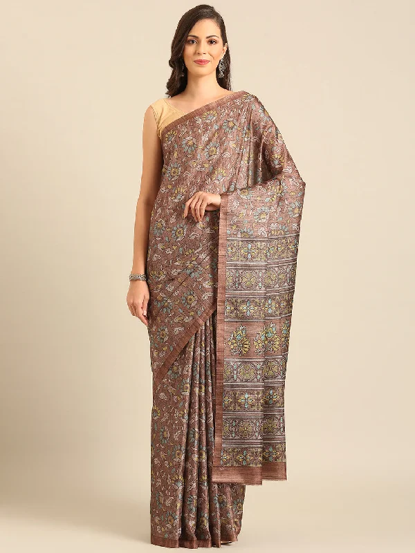 Women Brown Cotton Saree With Un Stitched Blouse Elegant Lace Blouse
