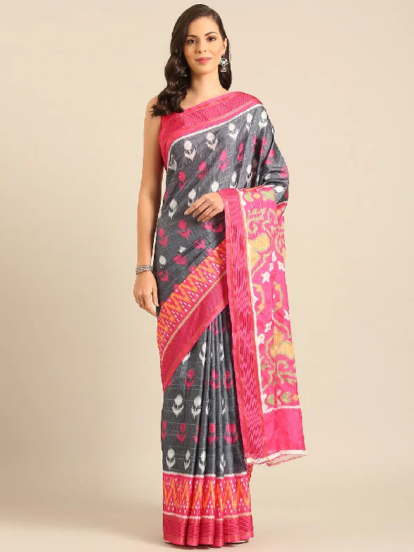 Women Grey Cotton Saree With Un Stitched Blouse Vintage Lace Blouse