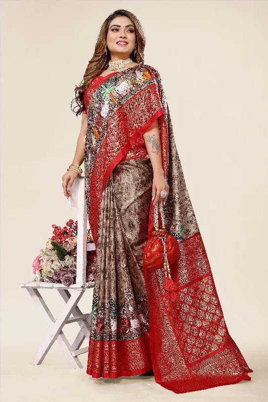 Women Casual Wear Printed Dhola Silk Saree With Un Stitched Blouse Elegant Peplum Blouse Women Casual Wear Printed Dhola Silk Saree With Un Stitched Blouse Elegant Peplum Blouse