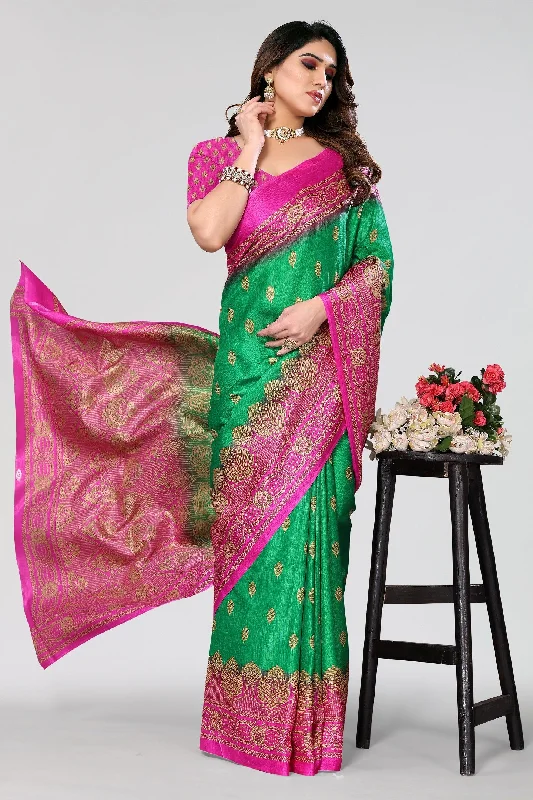 Women Casual Wear Printed Khadi Silk Saree With Un Stitched Blouse Feminine Puff Blouse Women Casual Wear Printed Khadi Silk Saree With Un Stitched Blouse Feminine Puff Blouse