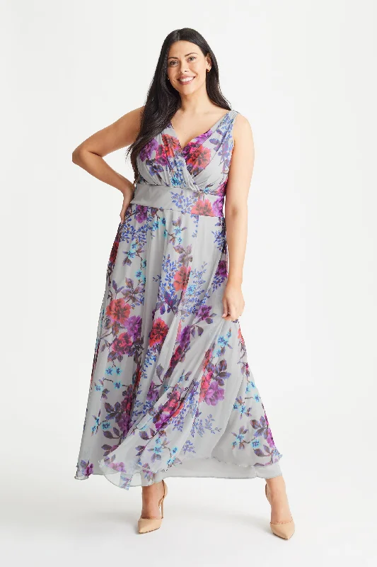 Amelia Silver Multi Print Mesh Maxi Dress Trendy Maxi Dress with Bow