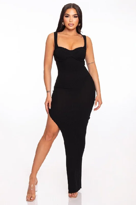 Bustier Side Slit Ribbed Maxi Dress Comfortable Long-Sleeve Maxi Dress