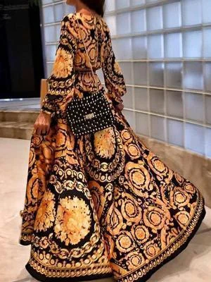 Early Autumn Long Sleeve V-Neck Print Maxi Dress Elegant Wraparound Maxi Dress