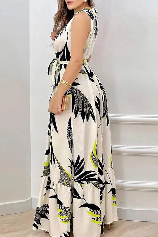 Floral Print Classic Lace-Up Maxi Dress Comfortable Maxi Dress with Belt