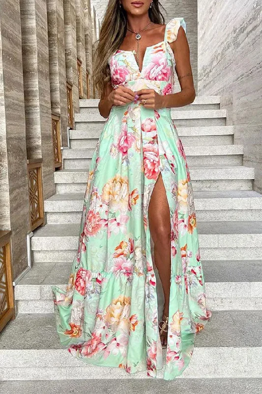 Floral Print Ruffle Strap Rocking High Split Maxi Dress Chic Off-Shoulder Maxi Dress Floral Print Ruffle Strap Rocking High Split Maxi Dress Chic Off-Shoulder Maxi Dress