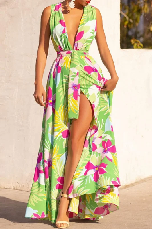Floral Print Tropical Belted High Split Maxi Dress Trendy Satin Maxi Dress