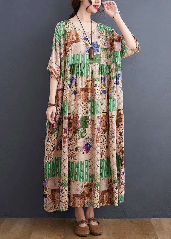 Loose Orange Plaid Wrinkled Print Cotton Maxi Dresses Short Sleeve Stylish Maxi Dress with Pleats Loose Orange Plaid Wrinkled Print Cotton Maxi Dresses Short Sleeve Stylish Maxi Dress with Pleats