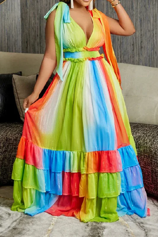 Rainbow Gradient Stunning Ruffle Tiered Maxi Dress Cozy Maxi Dress with Slit