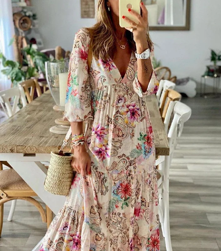 Romantic Print V-Neck Maxi Dress Comfortable Maxi Dress with Slits