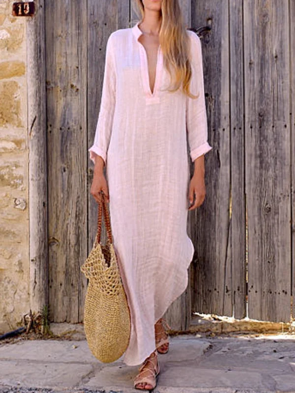 Solid Color V Neck Long Sleeve Casual Maxi Dress Comfortable Long-Sleeve Maxi Dress