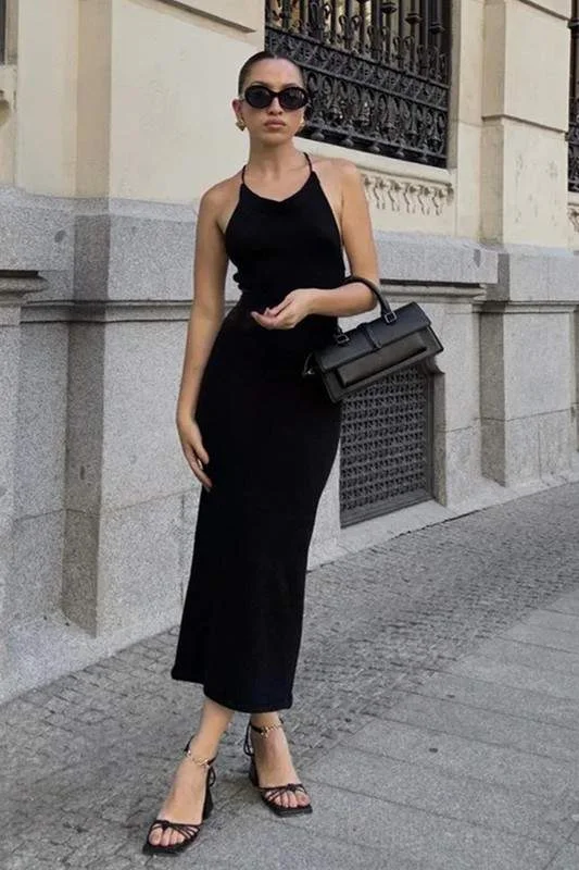SOLID HALTER NECK MAXI DRESS Fashionable Open-Back Maxi Dress