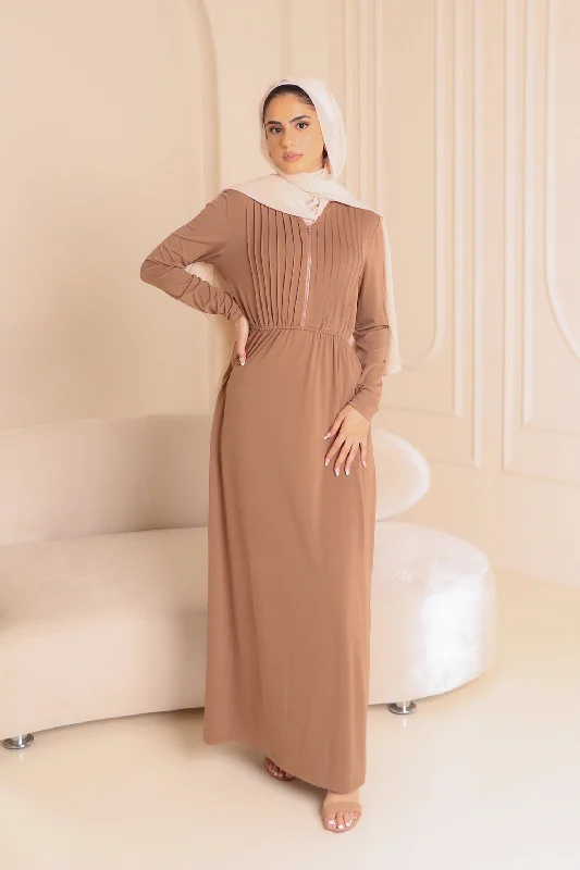 Tan Pleated Spandex Maxi Dress Comfortable Ruffle Hem Maxi Dress