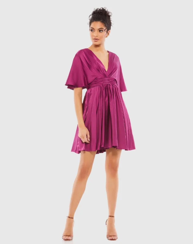 Purple Satin Flowy Cape Sleeve Mini Dress - FINAL SALE Trendy Off-Shoulder Dress Mini