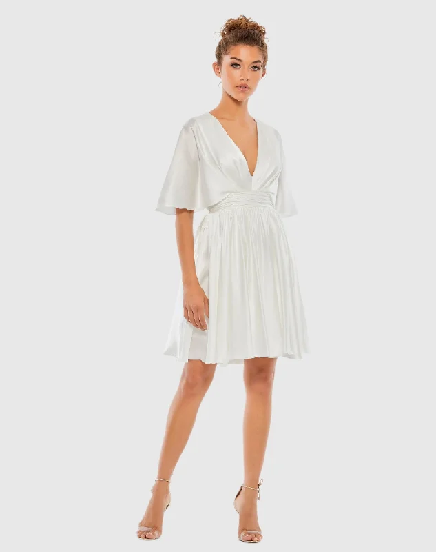 White Satin Flowy Cape Sleeve Mini Dress - FINAL SALE Comfortable Wrap Mini Dress