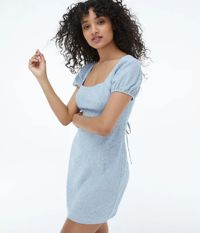 Aeropostale Striped Square-Neck Lace-Up Back Mini Dress*** Classic White Mini Dress