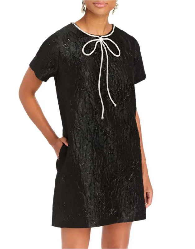 Ainslee Mini Dress in Black Metallic Jacquard Trendy Button-Detail Mini Dress