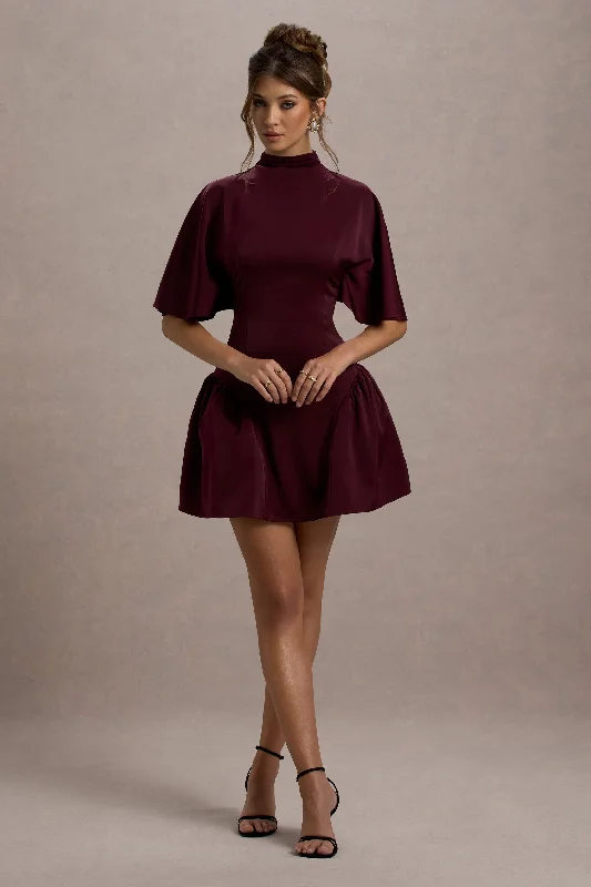 Alva | Burgundy High-Neck Short-Sleeve Mini Dress With Volume Skirt Elegant Off-Shoulder Dress Mini Alva | Burgundy High-Neck Short-Sleeve Mini Dress With Volume Skirt Elegant Off-Shoulder Dress Mini