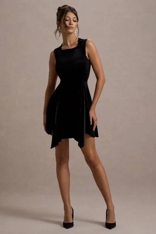 Baker | Black Velvet Draped-Hem Mini Dress Fashionable Mini Dress with Slits