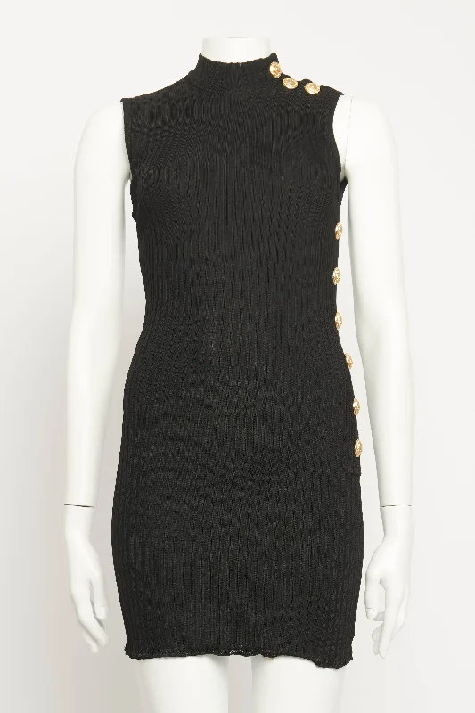 Black Ribbed Preowned Mini Dress Casual V-Neck Mini Dress