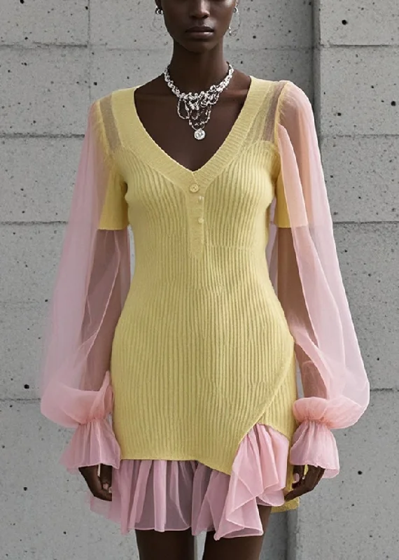 Boutique Yellow V Neck Patchwork Tulle Knit Mini Dress Fall Elegant Vintage Mini Dress