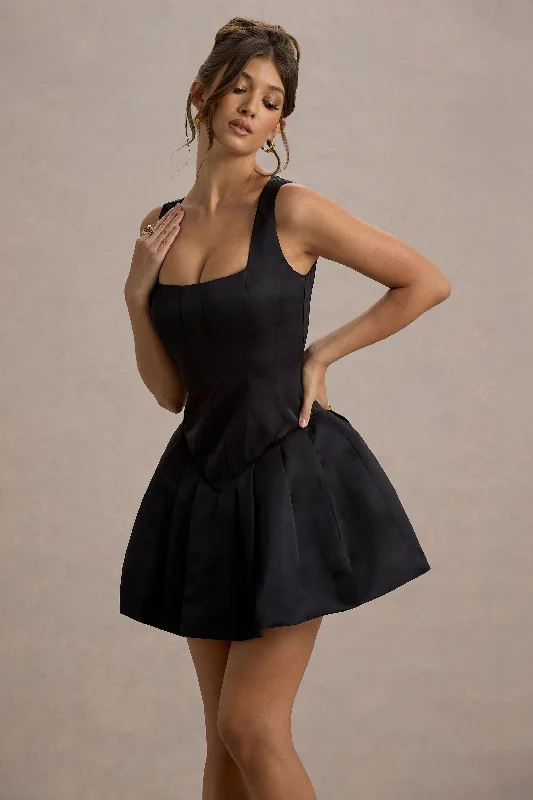 Bramble | Black Satin Square-Neck Puffball Mini Dress Elegant Mini Dress with Pleats Bramble | Black Satin Square-Neck Puffball Mini Dress Elegant Mini Dress with Pleats