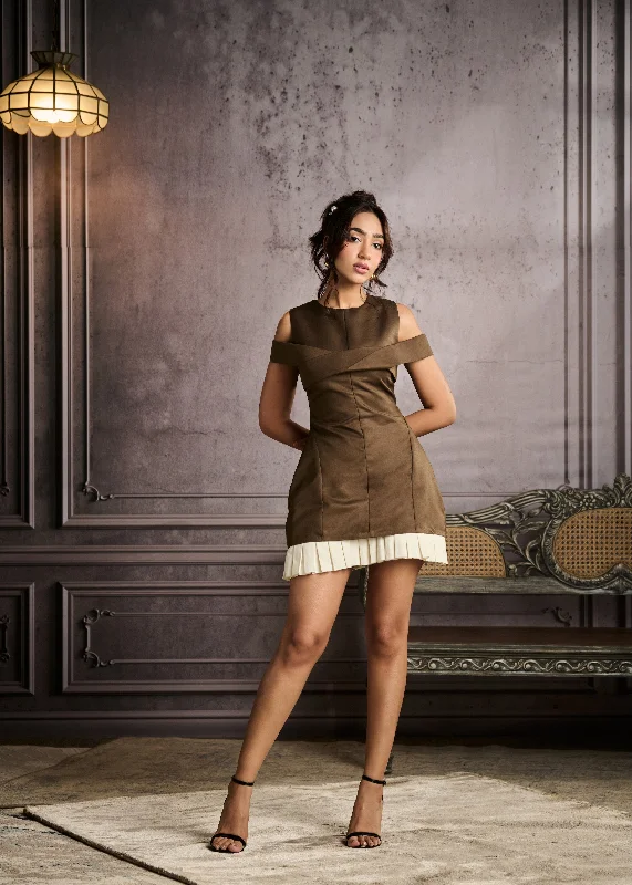 Margret Brown Cold Shoulder Structured Mini Dress Fashionable Lace-Trim Mini Dress