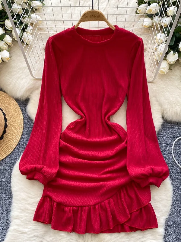 Elegant Ruffled Red Long-Sleeve Mini Dress Elegant Velvet Mini Dress