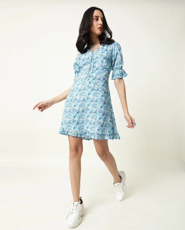 Rareism Women Eon Blue Printed V Neck Double Tie Up Puff And Ruffled Sleeves With Pockets Mini Dress Trendy Bodycon Mini Dress