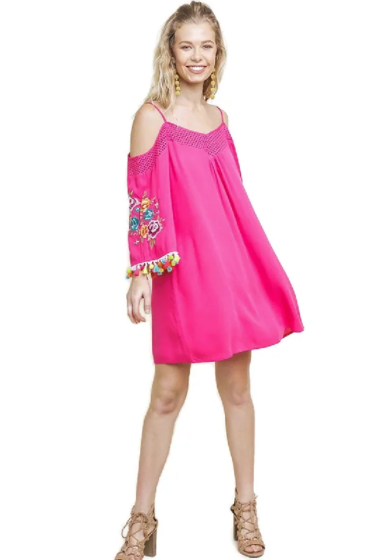 Floral Embroided Pom & Tassel Mini Dress, Pink Modern Satin Mini Dress