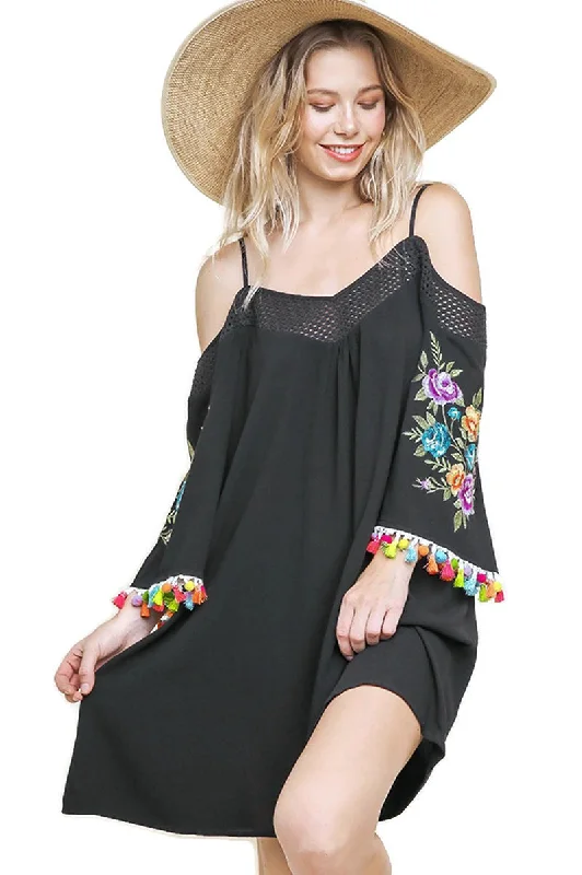 Floral Embroided Pom & Tassel Mini Dress, Black Casual Button-Up Mini Dress