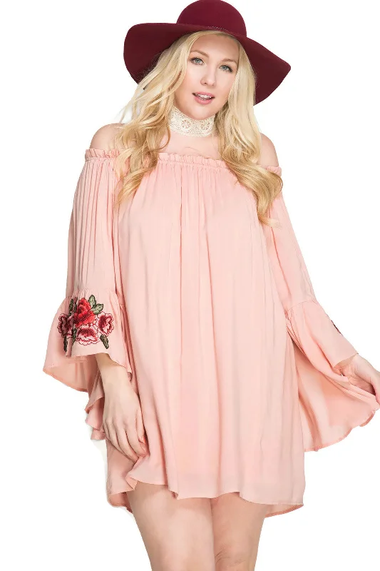 Floral Embroidered Off The Shoulder Mini Dress, Blush Chic Tropical Mini Dress