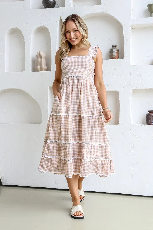 Gingham Check Dress With Lace Trim - Latte - PREORDER