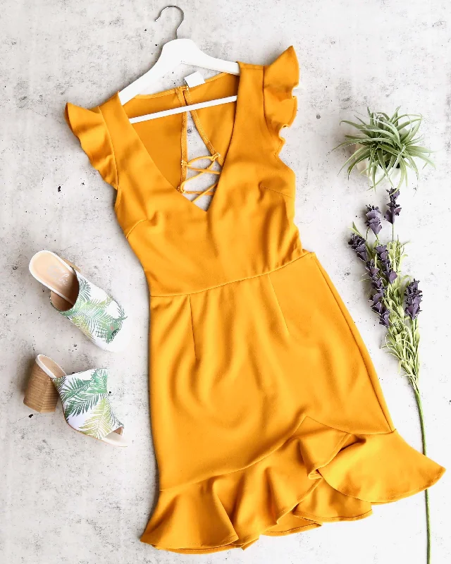 Girl Next Door Ruffle Sleeve Tie Back Mini Dress in Mustard Stylish Floral Print Mini Dress Girl Next Door Ruffle Sleeve Tie Back Mini Dress in Mustard Stylish Floral Print Mini Dress