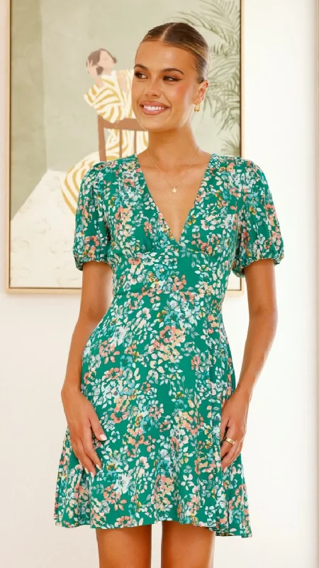 Itzel Mini Dress - Green Floral Cozy Knit Mini Dress