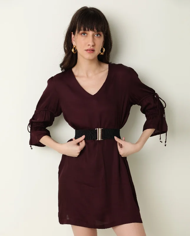 Rareism Women Jamm Maroon V Neck 3/4 Sleeves With Tie Up Mini Dress Elegant Vintage Mini Dress Rareism Women Jamm Maroon V Neck 3/4 Sleeves With Tie Up Mini Dress Elegant Vintage Mini Dress