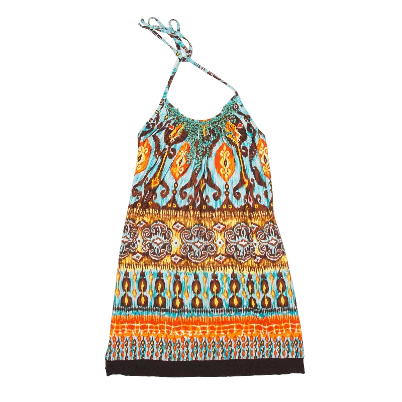 KAYS Y2K Tropical Mini Dress Blue Crazy Pattern Sleeveless Short Womens UK 10 Stylish Short Sleeve Mini Dress KAYS Y2K Tropical Mini Dress Blue Crazy Pattern Sleeveless Short Womens UK 10 Stylish Short Sleeve Mini Dress