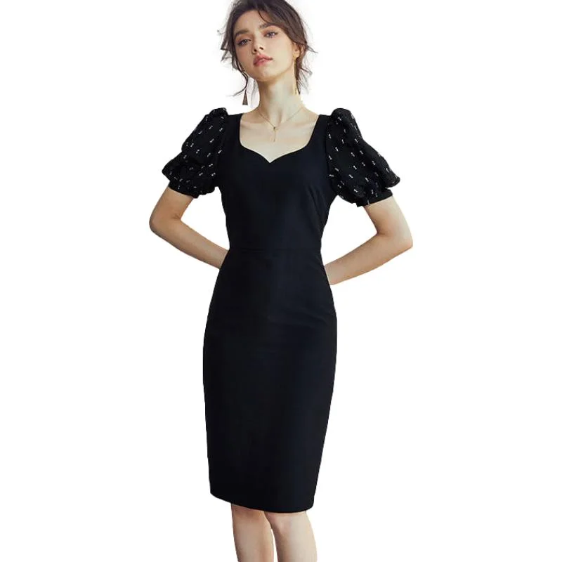 Kpop Puff Sleeve Sexy Low Collar Slim Black Dresses Woman Elegant Simple High Street Female Fashion Party Club Mini Dress Trendy Camisole Mini Dress