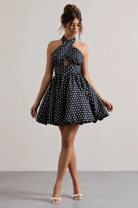 Levie | Navy Polka Dot Halter-Neck Mini Dress Classic Casual Mini Dress