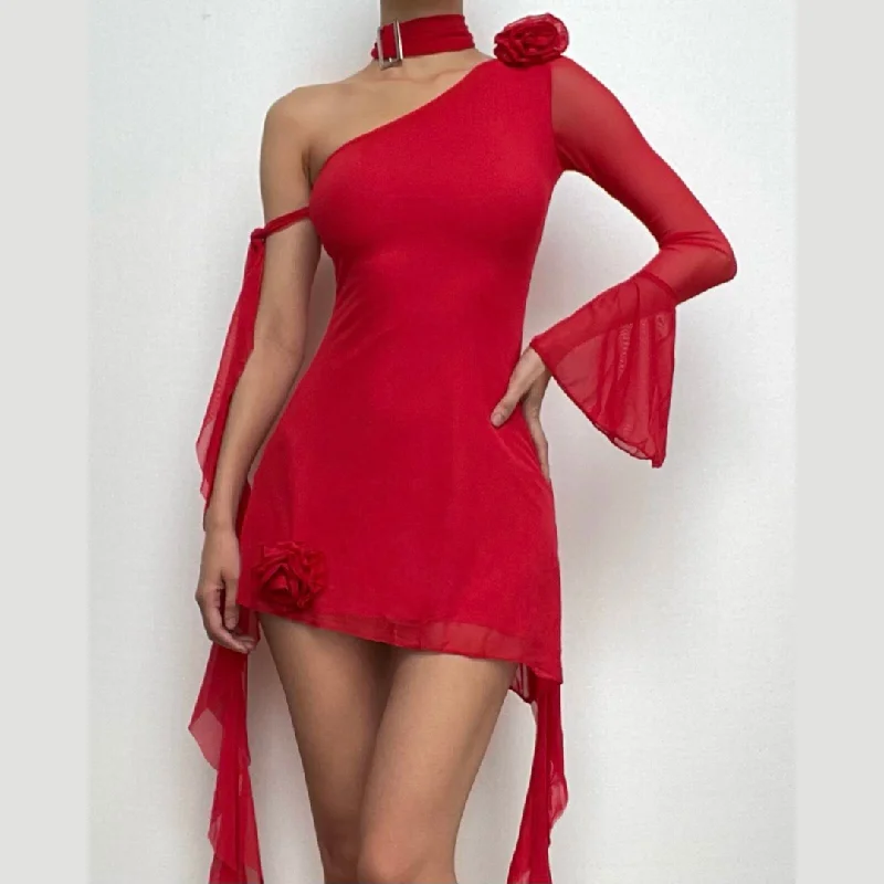 Long flared sleeve one shoulder ruffle flower applique mesh mini dress Elegant Lace Mini Dress Long flared sleeve one shoulder ruffle flower applique mesh mini dress Elegant Lace Mini Dress